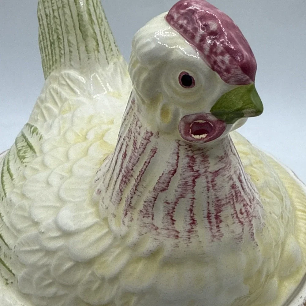 VTG Ceramic Hen on Nest Chicken Covered Dish Basket Candy Bowl Yellow Green 6